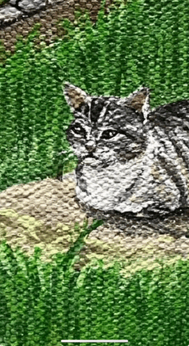 a close up of a painting of a cat sitting in the grass .