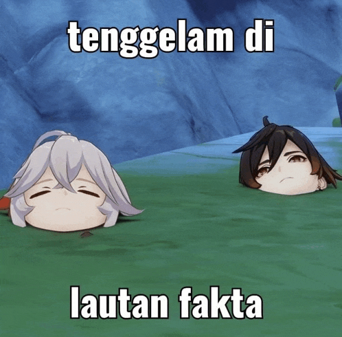 two anime characters are laying in the grass with the words tenggelam di lautan fakta written above them