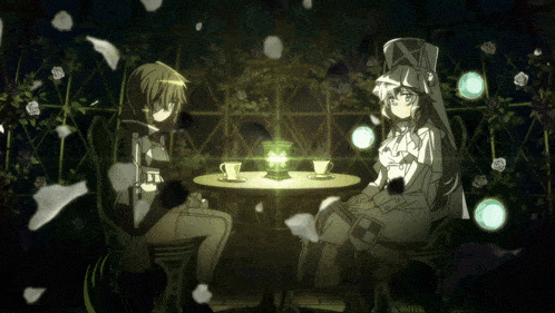 two anime characters are sitting at a table with cups and saucers