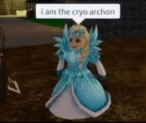 a girl in a blue dress with a speech bubble that says i am the cryo archon