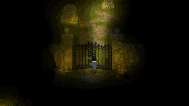 a pixel art image of a person standing in front of a gate