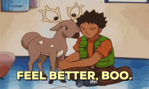 a cartoon of a man kneeling next to a stuffed deer with the words feel better boo written below him