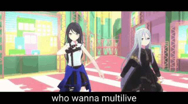 two anime girls are standing next to each other in a video game .