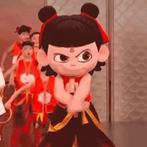 a group of children are dancing in a room with a cartoon character standing in front of them .
