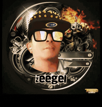 a picture of a man wearing sunglasses and a hat with the word zeegel on it