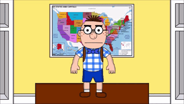 a cartoon character is standing in front of a us states and capitals map