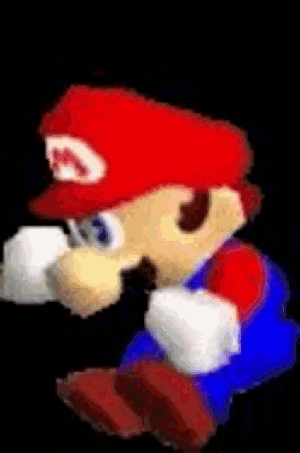 a close up of a cartoon character wearing a red hat and blue pants on a black background .