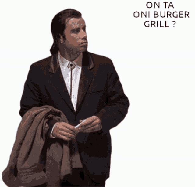 a man in a suit is holding a jacket and smoking a cigarette with the words on ta oni burger grill written above him