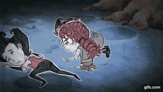 a man and a woman are laying on the ground in a cartoon .