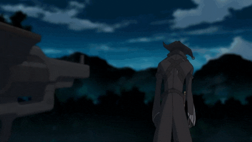 a girl in a yellow dress holds a gun to a man in a hat