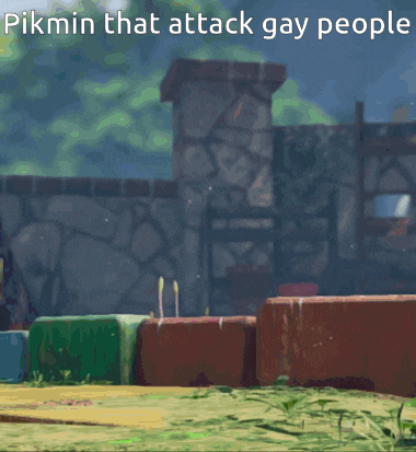 a picture of a blue cartoon character with the words pikmin that attack gay people below it