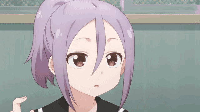 a girl with purple hair and a black and white uniform is making a funny face