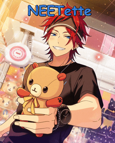 a man with red hair is holding a teddy bear and the name neetette is on the bottom