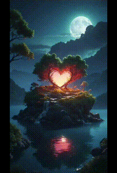 a tree with a heart shaped trunk is in the middle of a lake at night