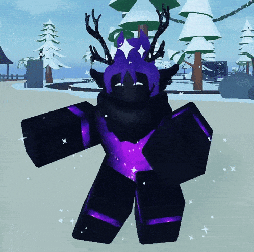 a cartoon character with purple hair and antlers is standing in the snow