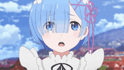 a girl with blue hair and a bow in her hair looks surprised