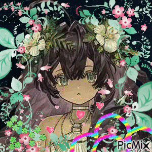 a girl with flowers in her hair is surrounded by flowers and leaves ..