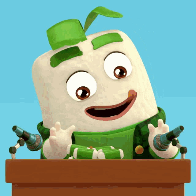a cartoon character giving a speech behind a podium