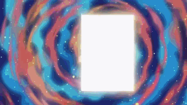 there is a white square in the middle of a colorful swirl in the sky .