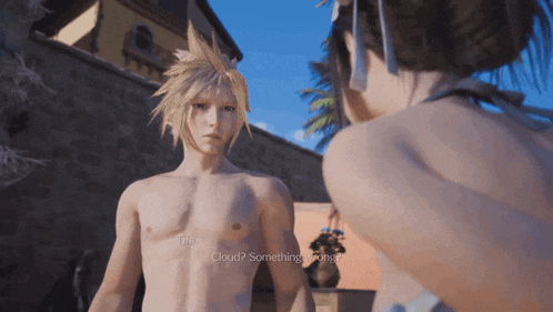 a video game screen shows a shirtless cloud talking to a woman