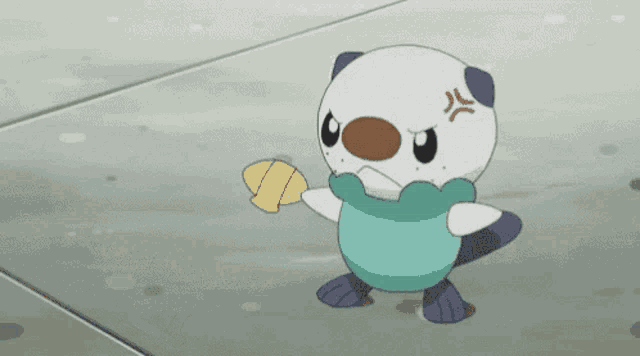 a cartoon otter is holding a yellow object in its mouth .