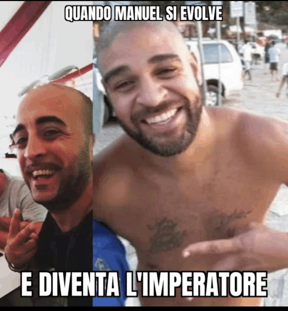 two pictures of a man with the caption quando manuel si evolve e diventa l'imperatore
