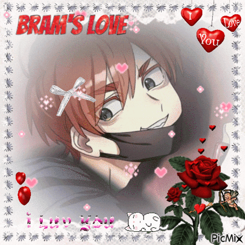 a picture of a boy with hearts and the words " bram 's love " on top