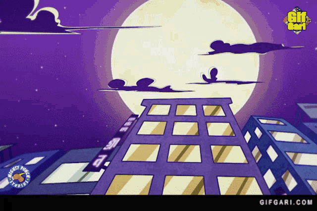 a cartoon drawing of a city with a full moon and a gifgari.com logo