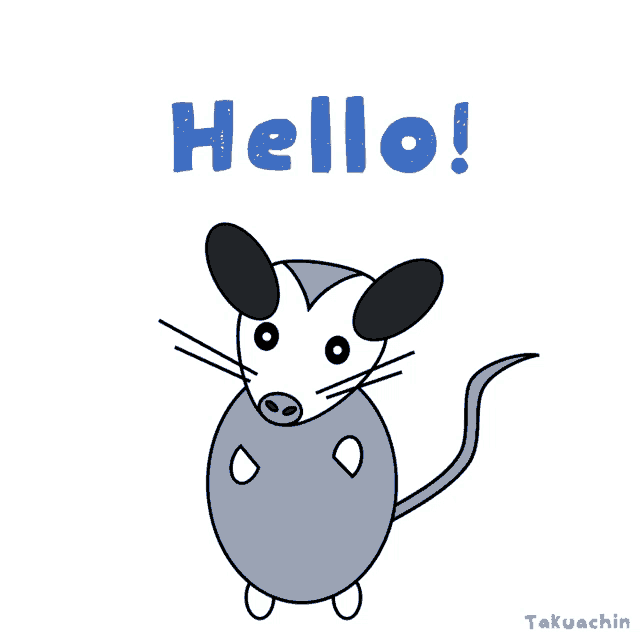 a drawing of an opossum says hello in blue