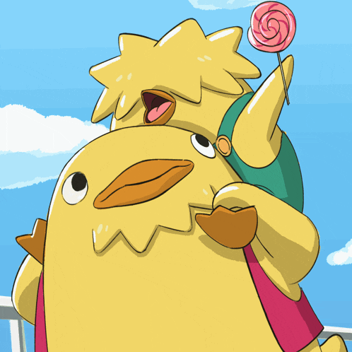a yellow cartoon character holding a pink lollipop on its head