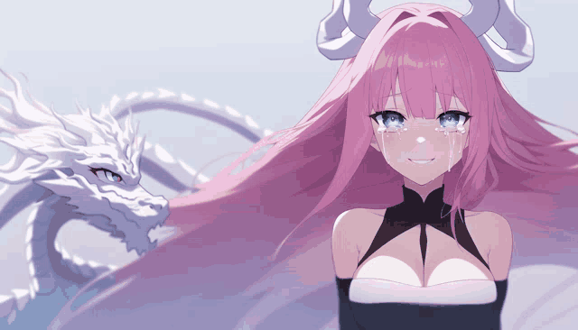 a girl with pink hair and horns stands next to a white dragon