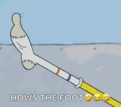 a cartoon of a yellow foot with red bows on the toes