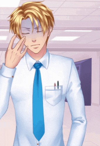 a man in a white shirt and blue tie is covering his face
