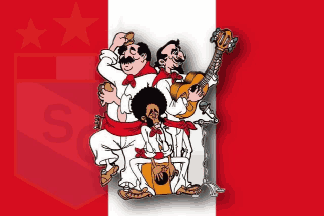 a cartoon of three men playing musical instruments with the letter s on the bottom right