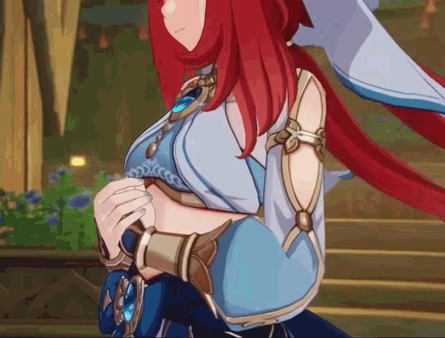 a girl with red hair is wearing a blue dress