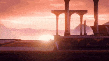 the sun is setting behind a building with columns