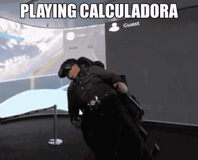 a man wearing a virtual reality headset is playing calculatora