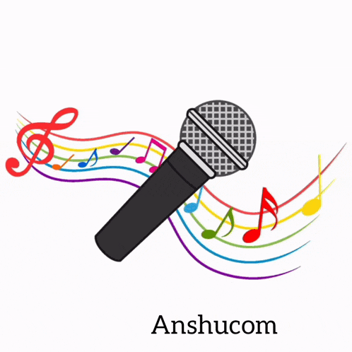a microphone is surrounded by music notes and the name anshucom is on the bottom