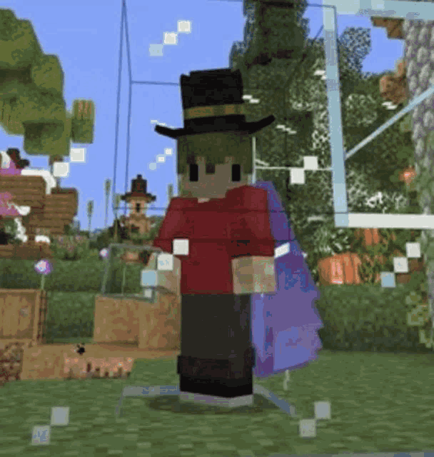 a minecraft character wearing a top hat and a cape is standing in a greenhouse .