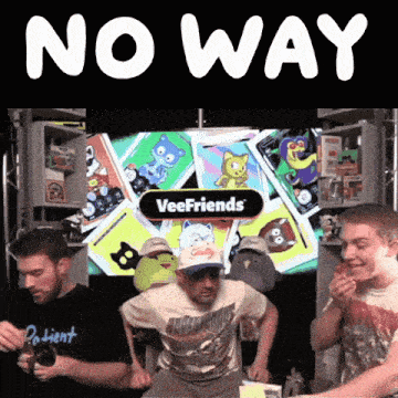 a man is dancing in front of a sign that says veefriends on it