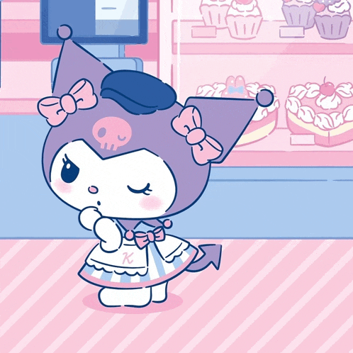 a cartoon drawing of a girl with a skull on her head and the letter k on her apron