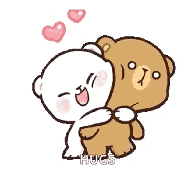 a couple of teddy bears hugging each other with hearts above them .