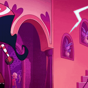 a cartoon character is standing in a room with a lightning bolt