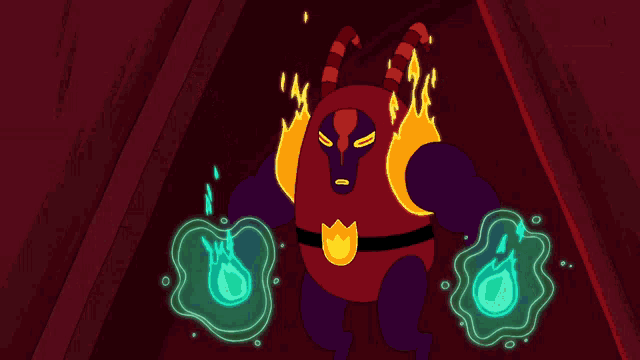 a cartoon character with horns is surrounded by glowing lines