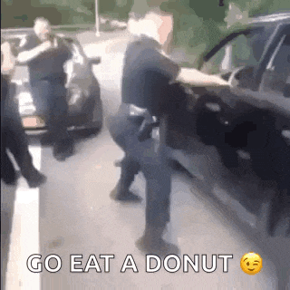 a police officer is standing in front of a car while a man tries to get out of it .