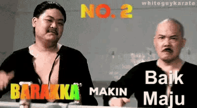two men are standing next to each other with the words baik maju written on the bottom