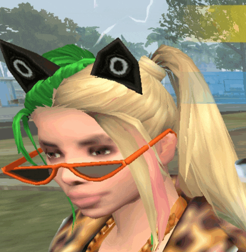 a girl wearing sunglasses and cat ears has a ponytail