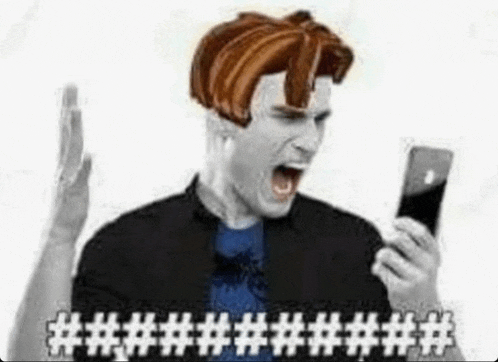 a man with a wig on his head is holding a cell phone and yelling .