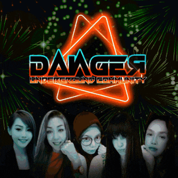 a group of women standing in front of a fireworks display with a blue triangle in the middle