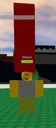 a roblox character with a red banner that says m4ank on it